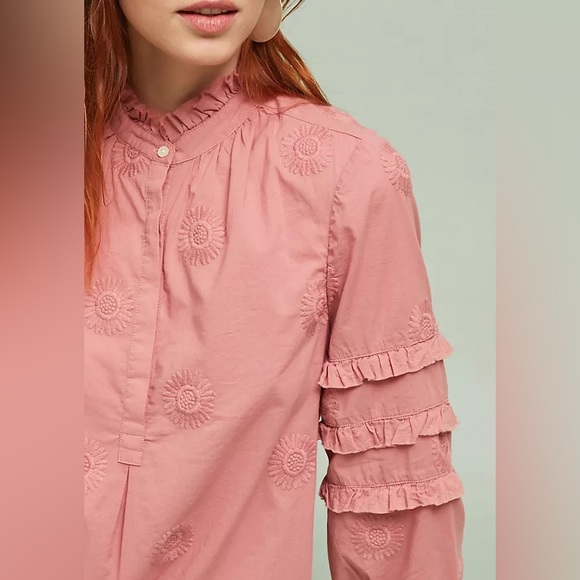 ANTHRO ISABELLA SINCLAIR Sunflower Embroidered Henley Popover Embellished Blouse - Picture 2 of 7